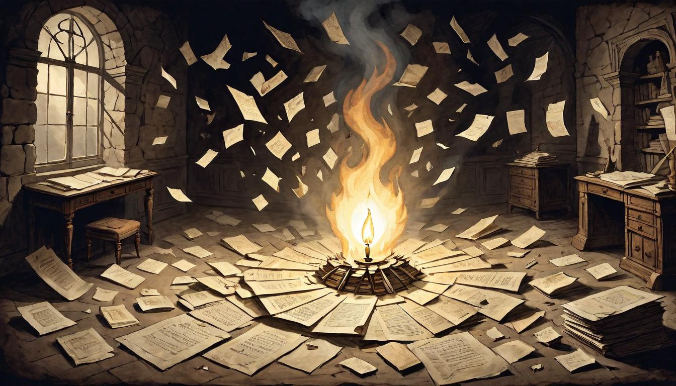  on parchment, surrealism+++, A solitary light burning in a dark room filled with discarded papers, symbolizing persistence in the face of dismissal. Light defiant, room shadowed, papers scattered, perseverance glowing, isolation fueled, singular focus.(mysterious, provocative, symbolic,muted color)+++