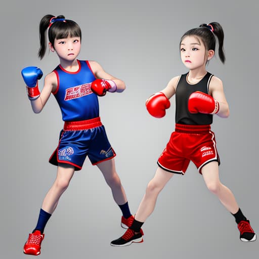  Draw a frontal image of a Chinese boxing child: Boxing gloves-key elements of boxing characteristics. Fighting posture-child standing posture, hands covering face, ready to attack or defend. Sports equipment-Children wear professional boxer shorts and shoes. ，