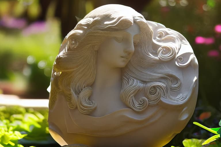  creating a sculpture of a woman with flowing hair and her nude full body. Outside a garden paradise with morning sunshine. Clear face and high quality image