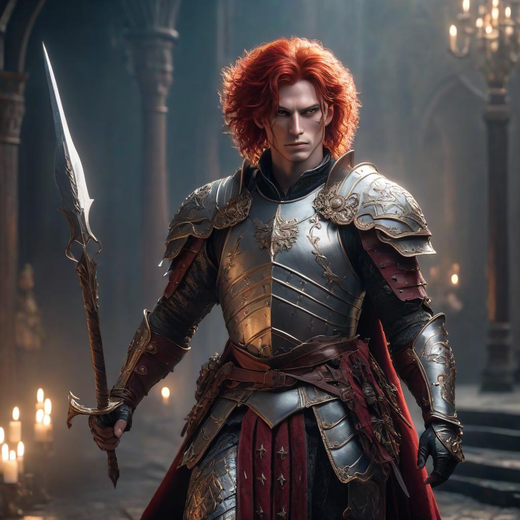  A great warrior with an enormous spear in intricately decorated armor with elements of expensive fabric, with lush red hair, in a painted mask, in a Gothic style, standing human height. hyperrealistic, full body, detailed clothing, highly detailed, cinematic lighting, stunningly beautiful, intricate, sharp focus, f/1. 8, 85mm, (centered image composition), (professionally color graded), ((bright soft diffused light)), volumetric fog, trending on instagram, trending on tumblr, HDR 4K, 8K