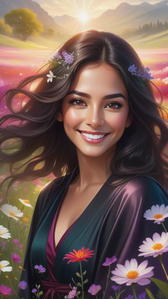  hispanic woman smiling wearing dark robes in a meadow, hyper detailed colored captivating eyes, ( add depth, surrounded by flowers, backlit, petals, hair floating, gorgeous beautiful woman, photoRAW,HD,8K,Hyperdetailed,hyper realistic background:1.5), (Ultra detailed illustration of a person lost in a magical world of wonders, glowy, background, incredibly detailed, night, bioluminescence, ultrarealistic, hyperrealistice, hyperdetailed: shiny aura, highly detailed, intricate motifs, perfect composition, smooth, sharp focus, sparkling particles, background Realistic, (In a captivating art piece, a whimsical virtual regal amoeba blob creature takes center stage, This vibrant  image showcases a charming and charismatic character, reminiscent o
