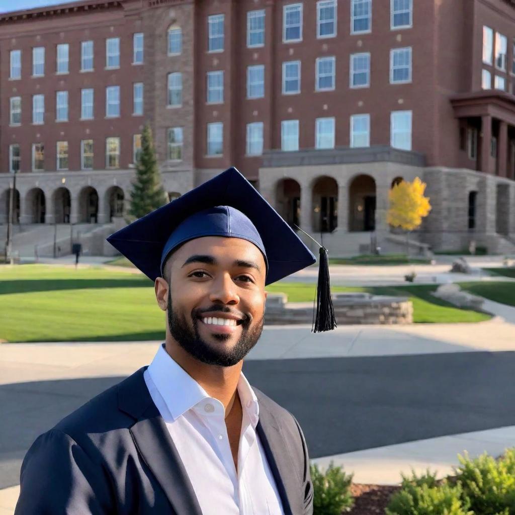  Social media post introducing a returning Colorado Tech university student who is furthering their career in Security Operations Management. They are excited to be graduating in December of this year. The post should have a positive and inspiring vibe, including elements such as books, a graduation cap, university emblem, and a badge representing Security Operations Management. It should be suitable for a professional yet personal update. hyperrealistic, full body, detailed clothing, highly detailed, cinematic lighting, stunningly beautiful, intricate, sharp focus, f/1. 8, 85mm, (centered image composition), (professionally color graded), ((bright soft diffused light)), volumetric fog, trending on instagram, trending on tumblr, HDR 4K, 8K