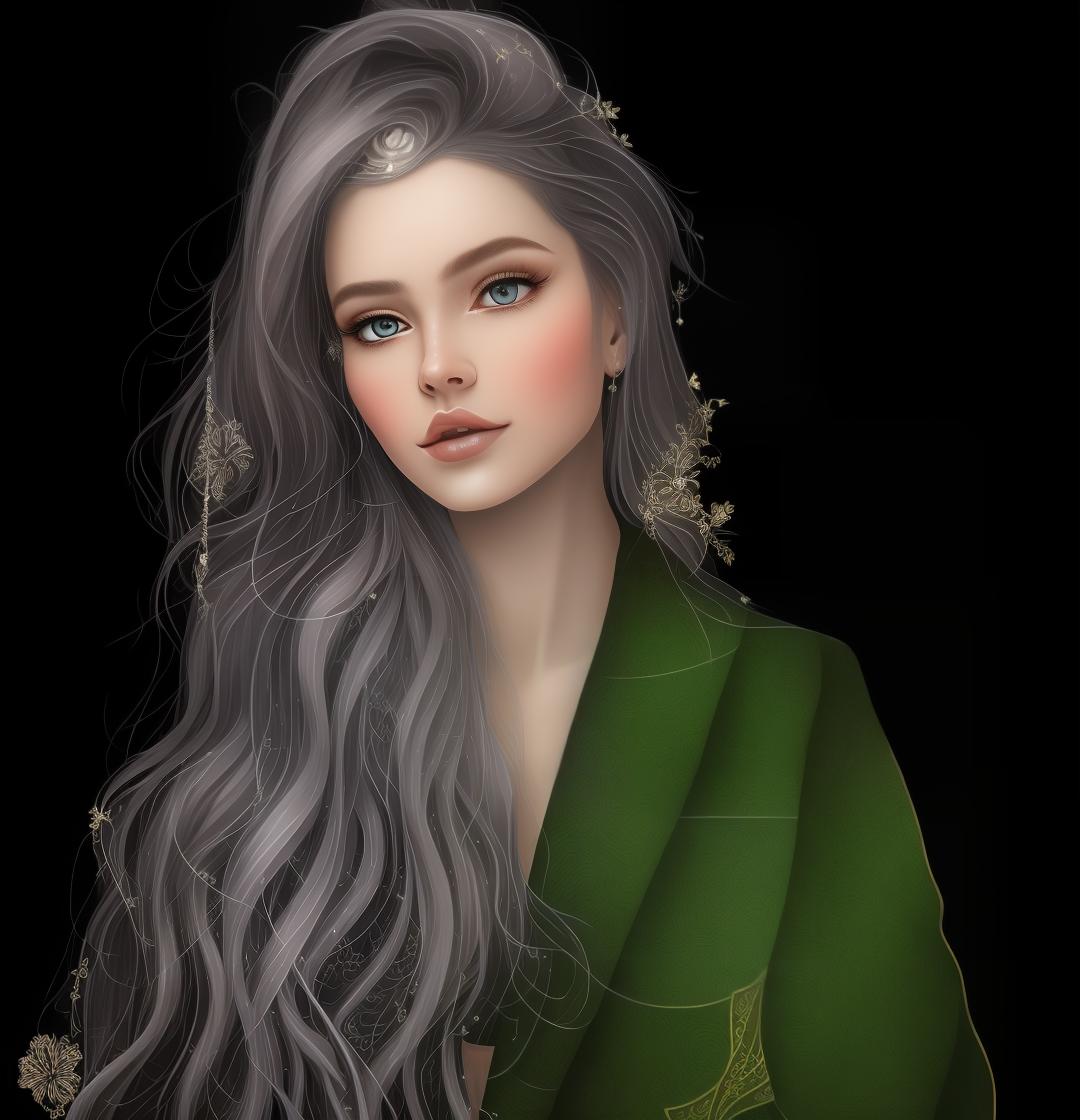 mdjrny-v4 style Create a Fantasy style avatar of a female Elf. Prominent Elf Ears, ears should be pointed, long, sharp, visible behind the hair. The character should have long, flowing silver hair, caught in a bun, adorned with delicate flowers. Her eyes should be almond shaped and bright green. She should wear an elegant, fitted tunic with intricate leaf patterns and embroidery. Her ears should be pointed and prominent, a defining feature of Elves. She should have a graceful and slender build, with pale, smooth skin.