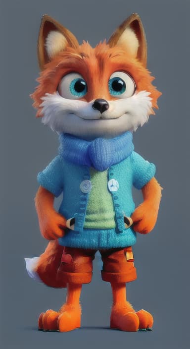  {Error the fox pressing the blue button with his paw, looking puzzled as nothing occurs., Error is a small, bright orange fox with a fluffy tail and big, inquisitive eyes. He has a mischievous yet kind expression and wears a tiny green scarf.