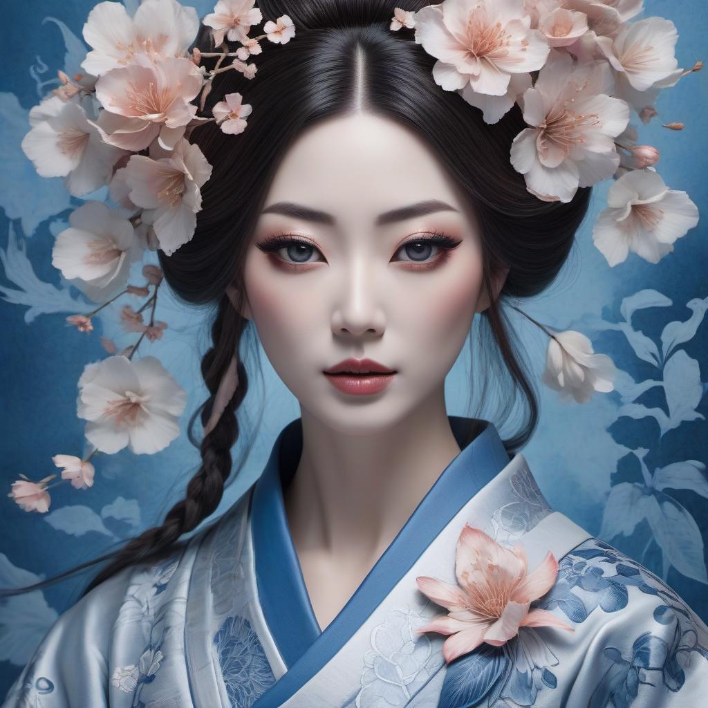  professional 3d model Envision a portrait of a Japanese geisha, her countenance tinged with sorrow as a single tear trails from her eye. Her abundant hair frames a face with lips painted a soft blue, while her attire is a complex array of traditional garments. The portrait, reminiscent of Anne Stokes' work, is rendered in a whimsical Zentangle style, boasting an intricate cyanotype design that seems to lift from the canvas in a 3D embossed effect. The color palette is a harmonious blend of delft blue and white, enriched with subtle touches of ginger brown and light pink. This piece is a fantasy encapsulated in an 8k resolution masterpiece, a high definition pencil sketch that transitions into line art with pen and ink filigree. The backdrop hyperrealistic, full body, detailed clothing, highly detailed, cinematic lighting, stunningly beautiful, intricate, sharp focus, f/1. 8, 85mm, (centered image composition), (professionally color graded), ((bright soft diffused light)), volumetric fog, trending on instagram, trending on tumblr, HDR 4K, 8K