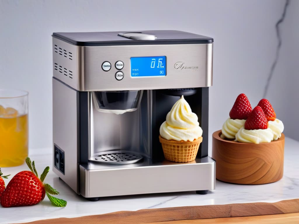  A sleek, modern stainless steel ice cream maker sitting on a marble countertop, surrounded by fresh ingredients like vanilla beans, ripe strawberries, and mint leaves. The machine is turned on, with a soft glow emanating from its digital display, showcasing the process of churning delicious gourmet ice cream. The scene is captured in a highresolution, minimalist style, emphasizing the elegance and sophistication of creating homemade gourmet desserts. hyperrealistic, full body, detailed clothing, highly detailed, cinematic lighting, stunningly beautiful, intricate, sharp focus, f/1. 8, 85mm, (centered image composition), (professionally color graded), ((bright soft diffused light)), volumetric fog, trending on instagram, trending on tumblr, HDR 4K, 8K