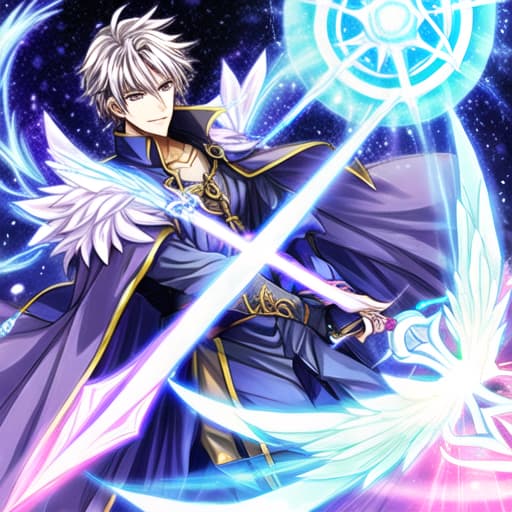  a male mage using a staff to open a portal and summon an ethereal being.