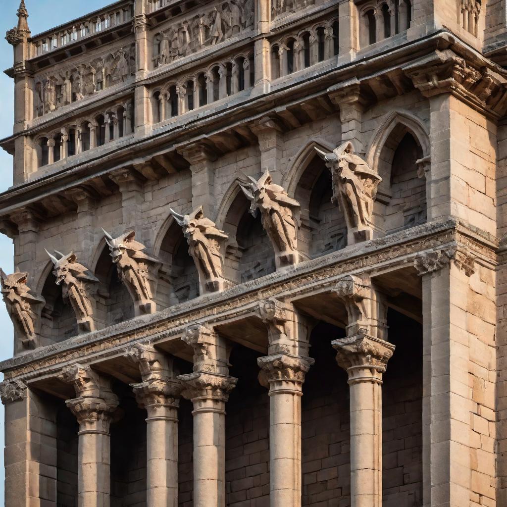  Three gargoyles perched atop an ancient gothic structure. The number 'VII' is prominently integrated into the stonework, with a regal, royal aesthetic. The VII is crafted in a way that it appears to be a natural part of the architectural design, seamlessly blending with the gargoyles which are styled in an ornate and majestic manner. hyperrealistic, full body, detailed clothing, highly detailed, cinematic lighting, stunningly beautiful, intricate, sharp focus, f/1. 8, 85mm, (centered image composition), (professionally color graded), ((bright soft diffused light)), volumetric fog, trending on instagram, trending on tumblr, HDR 4K, 8K