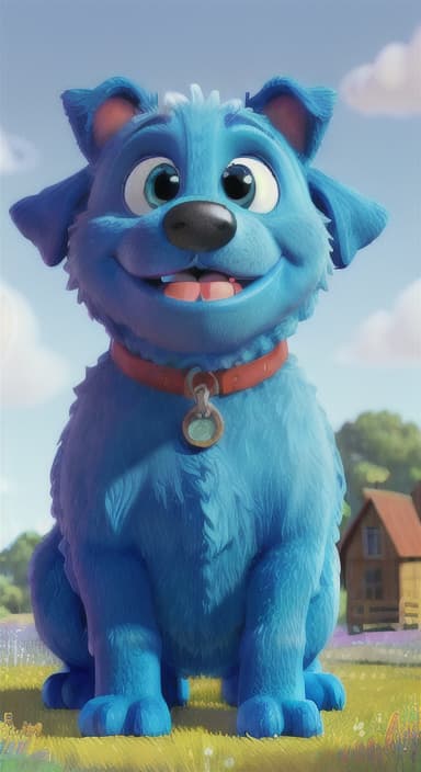  {A happy, big blue dog wagging its tail in a colorful meadow, The big blue dog is large with sky blue fur, big round eyes, a black nose, and floppy ears.