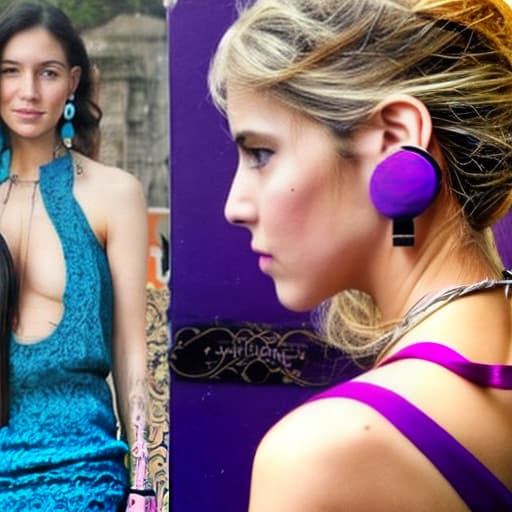  gemelas mujeres con aros y tatuajes pelo violeta