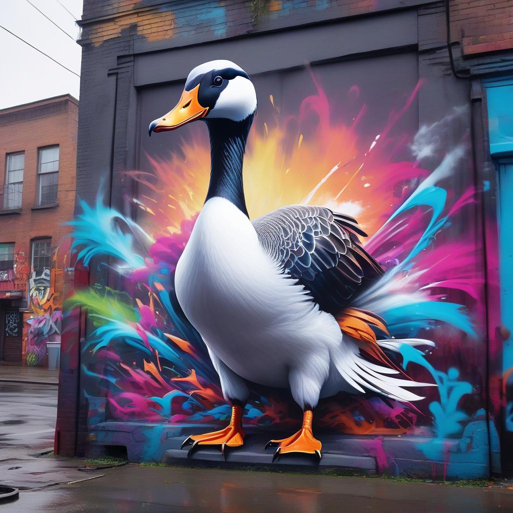  graffiti style waist deep goose on avatar . street art, vibrant, urban, detailed, tag, mural hyperrealistic, full body, detailed clothing, highly detailed, cinematic lighting, stunningly beautiful, intricate, sharp focus, f/1. 8, 85mm, (centered image composition), (professionally color graded), ((bright soft diffused light)), volumetric fog, trending on instagram, trending on tumblr, HDR 4K, 8K