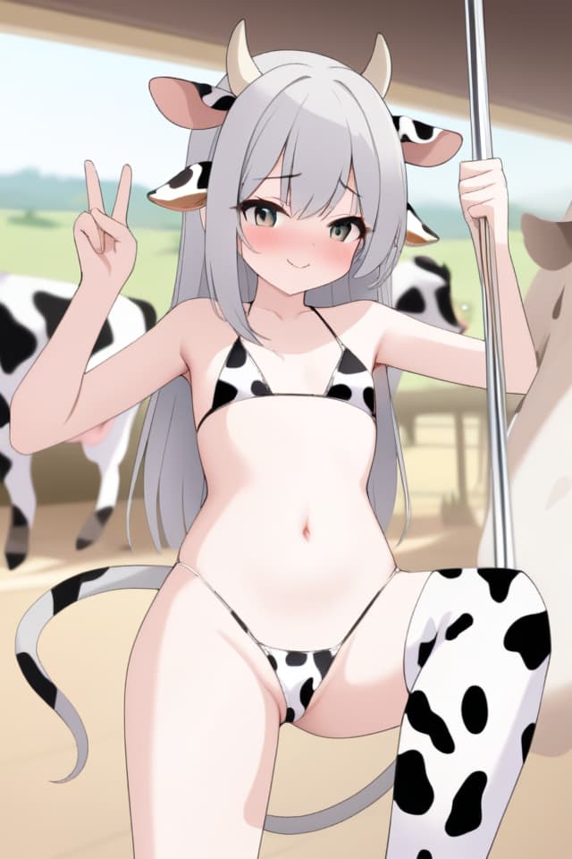  Cow,cow pattern ,gray hair,cow woman,cow ear,cow tail,cow horn,big s,ranch,pole dance,cow,beautiful ,cute,y、(absurd detailed:1.4、best quality:1.4、masterpiece:1.4)、