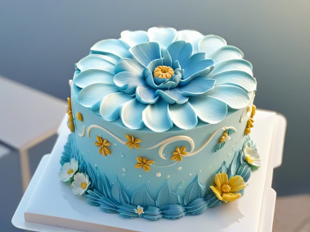  A closeup, ultradetailed image of a perfectly frosted cake with intricate floral designs in pastel colors, showcasing the precision and artistry involved in cake decorating. hyperrealistic, full body, detailed clothing, highly detailed, cinematic lighting, stunningly beautiful, intricate, sharp focus, f/1. 8, 85mm, (centered image composition), (professionally color graded), ((bright soft diffused light)), volumetric fog, trending on instagram, trending on tumblr, HDR 4K, 8K