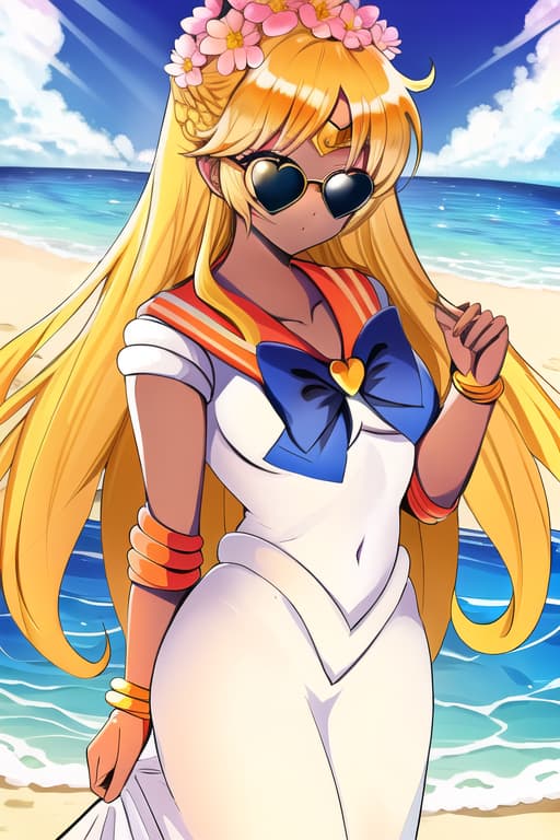  cute,l women,black skin,freckles,blonde curly hair,heart shaped sunglasses,flowers in her hair,on a beach wearing a long white dress,not showing her body,(sailor venus:1.3), (masterpiece), (highest quality), (intricate), (high detail)