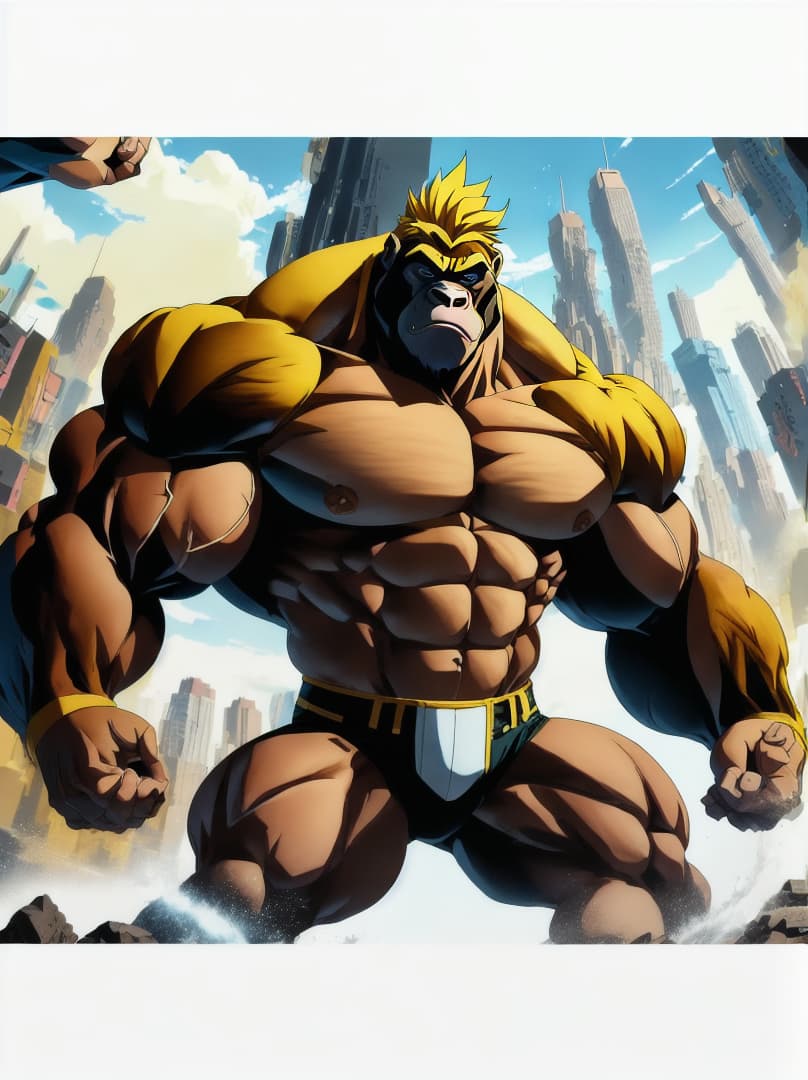  , anime-style illustration of a gorilla with extreme muscular development, in a dynamic pose that captures a 'roid rage'.,RAGE,menacing<lora:chad97qi:0.07655424501345531><lora:yellow-family:0.25172963598036135><lora:octoghibli:0.8723620831649697><lora:ae-t-pagepal:0.23817375049702716> hyperrealistic, full body, detailed clothing, highly detailed, cinematic lighting, stunningly beautiful, intricate, sharp focus, f/1. 8, 85mm, (centered image composition), (professionally color graded), ((bright soft diffused light)), volumetric fog, trending on instagram, trending on tumblr, HDR 4K, 8K