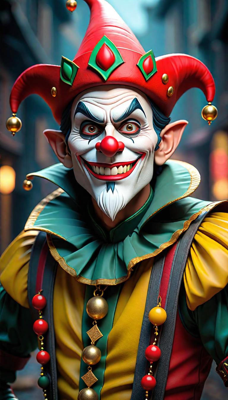  Professional 3D model of a sinister jester in a dark carnival. Dark, mysterious, scary, haunting, dramatic, ornate, detailed. . Rendered with Octane, the model is highly detailed,dramatic lighting. hyperrealistic, full body, detailed clothing, highly detailed, cinematic lighting, stunningly beautiful, intricate, sharp focus, f/1. 8, 85mm, (centered image composition), (professionally color graded), ((bright soft diffused light)), volumetric fog, trending on instagram, trending on tumblr, HDR 4K, 8K