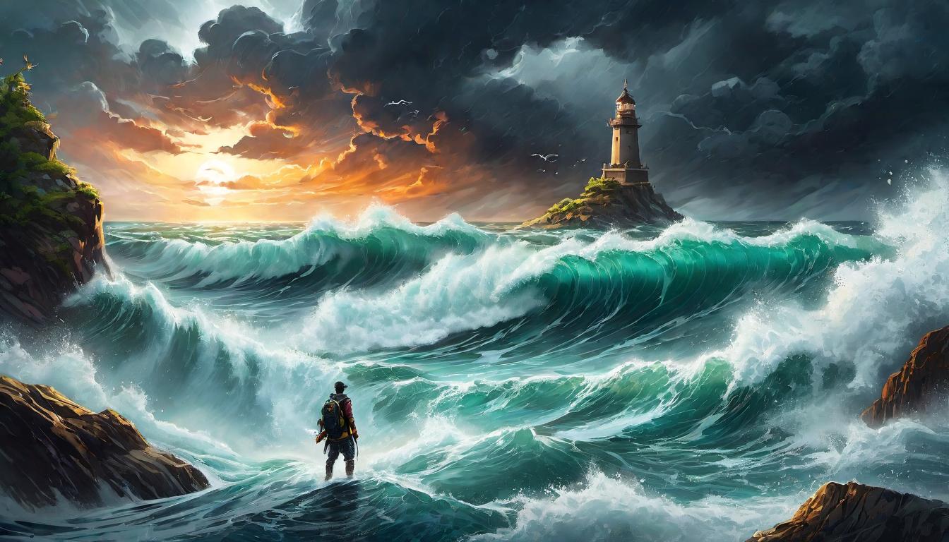  digital illustration, A figure navigating through turbulent waters, light guiding them, stormy sky, symbolizing growth through challenges, resilience, journey through trials, looking at viewer, dynamic pose, (intricate details, masterpiece, best quality)