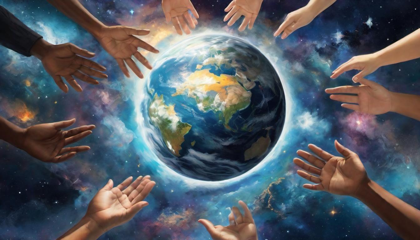  digital painting of The Earth floating in space, encircled by diverse hands holding it gently, symbol of custodianship and interconnectedness, nurturing care, a global promise of stewardship, shared responsibility, safeguarding our planet, universal accountability looking at viewer, dynamic pose, (intricate details, masterpiece, best quality)