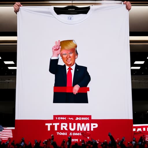  Donald Trump standing before a red banner with a giant white T printed on it