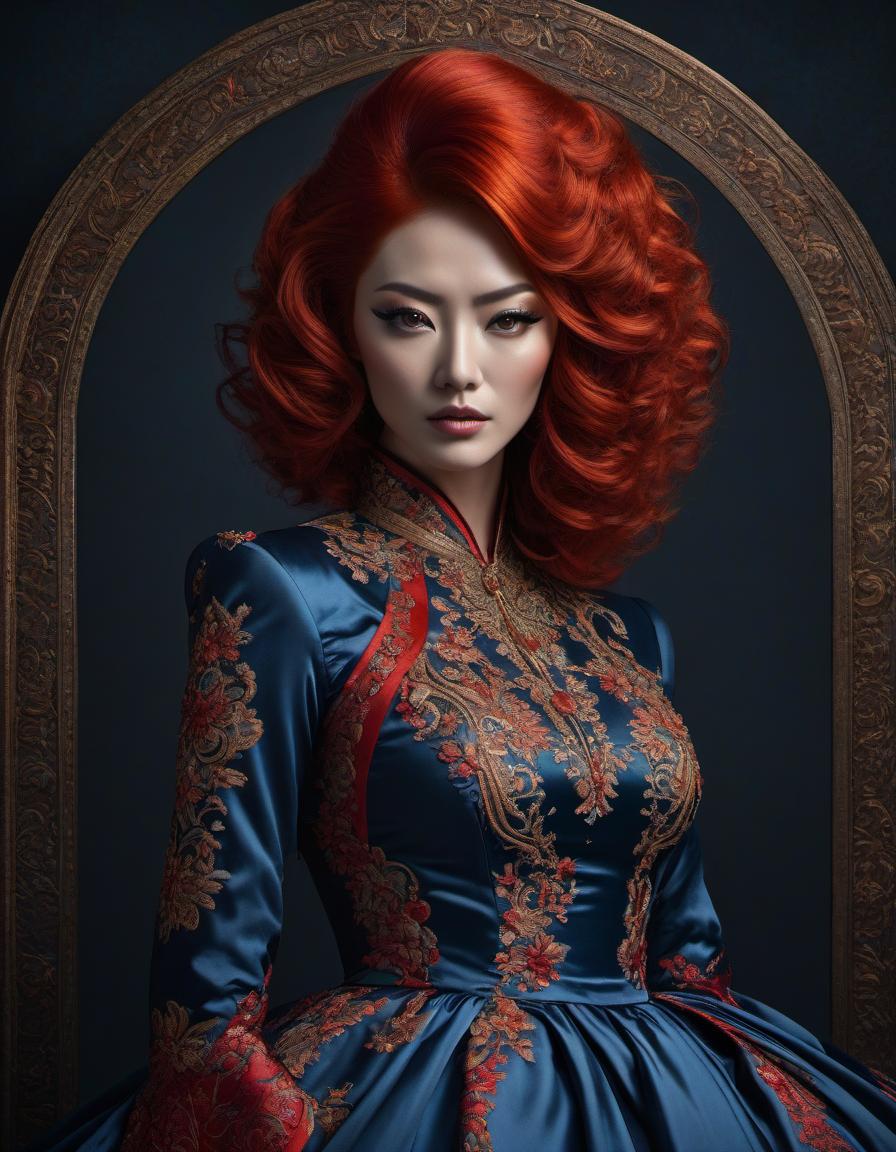  manga style A striking digital artwork of a woman with voluminous red hair in an ornate blue dress, posing elegantly against a dark background. . vibrant, high energy, detailed, iconic, Japanese comic style hyperrealistic, full body, detailed clothing, highly detailed, cinematic lighting, stunningly beautiful, intricate, sharp focus, f/1. 8, 85mm, (centered image composition), (professionally color graded), ((bright soft diffused light)), volumetric fog, trending on instagram, trending on tumblr, HDR 4K, 8K