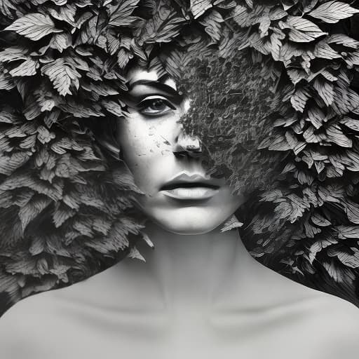 dublex style b&w drawing, nature inside the human, leafs are the hair, closeup