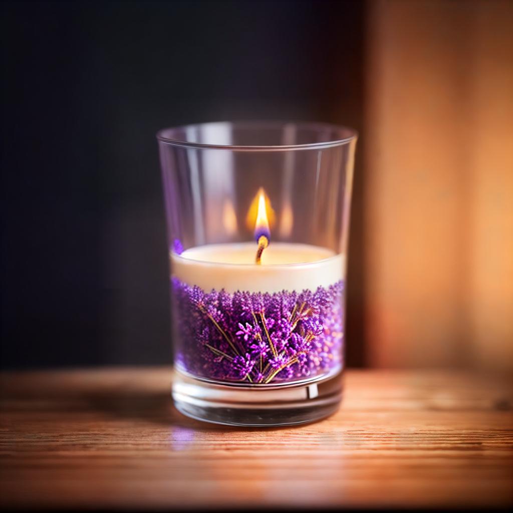  Lavender scented candle in a glass with wooden wick ,highly detailed, cinematic lighting, stunningly beautiful, intricate, sharp focus, f1. 8, 85mm, (centered image composition), (professionally color graded), ((bright soft diffused light)), volumetric fog, trending on instagram, trending on tumblr, HDR 4K, 8K