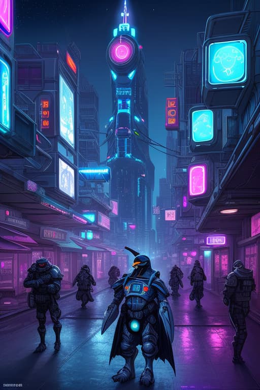  Armored penguin, sci fi, concept art, A city at night. neon lights