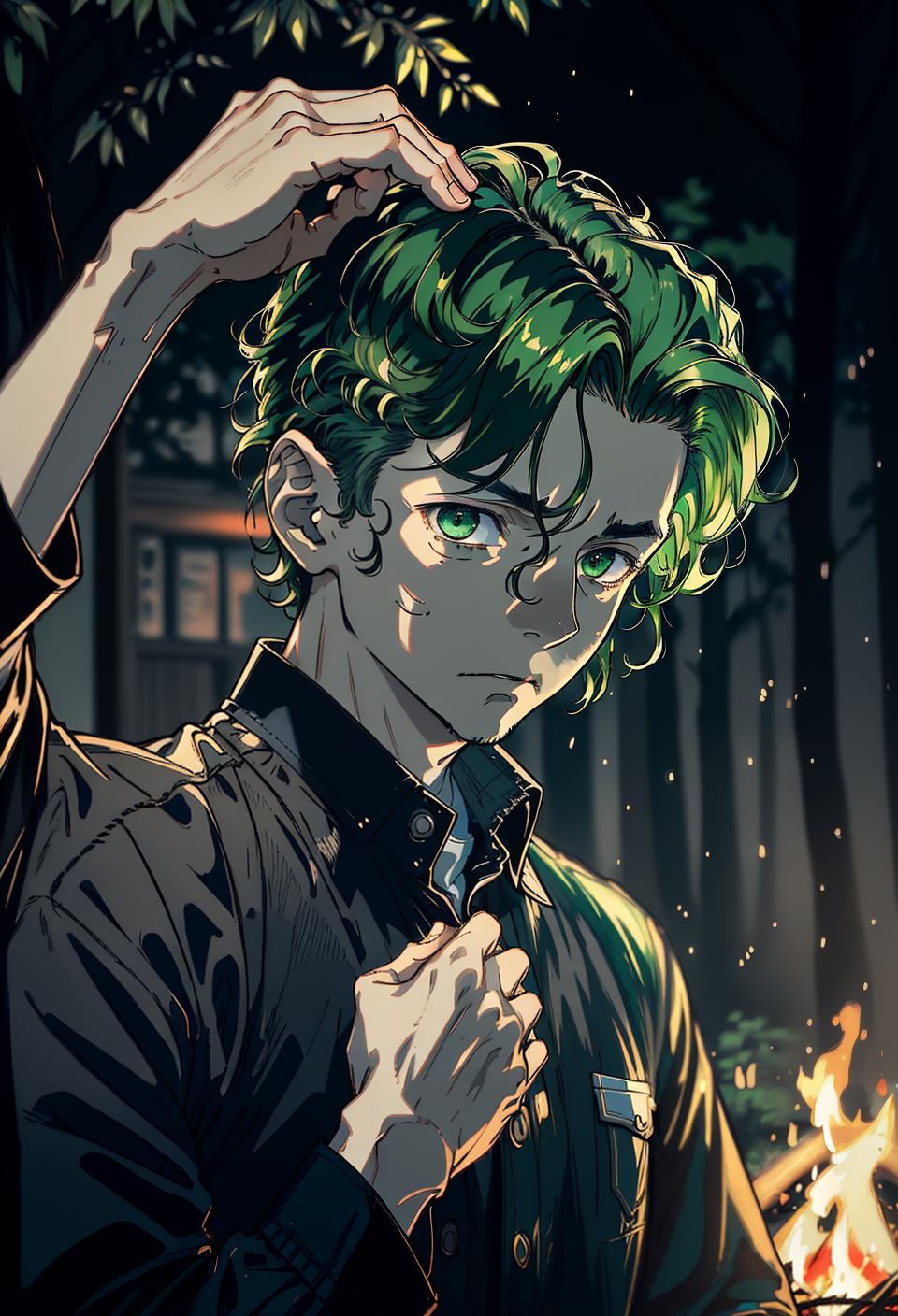  ((trending, highres, masterpiece, cinematic shot)), 1boy, mature, male casual wear, campfire scene, short wavy dark green hair, side locks hairstyle, narrow dark eyes, dumb, airheaded personality, scared expression, grey skin, orderly, clever