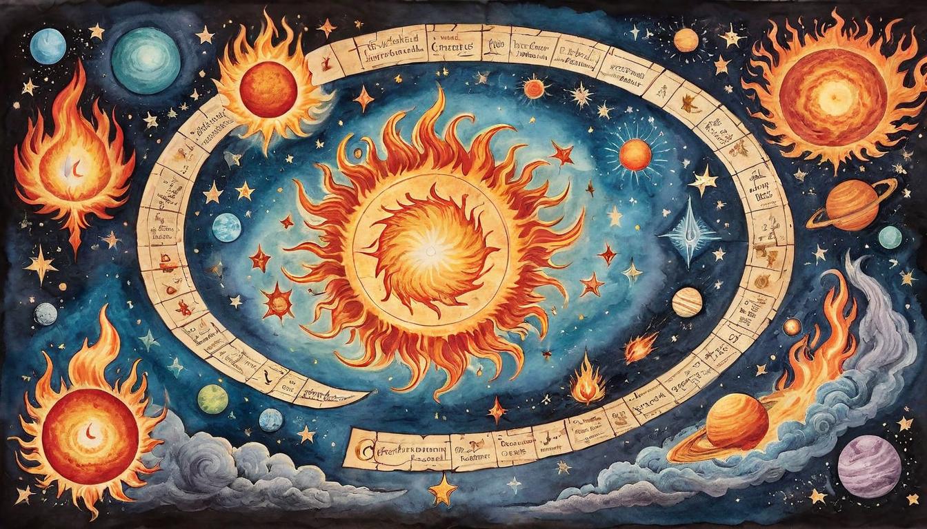  on parchment, surrealism+++, Cycle fueled by elemental force of fire, an inferno that shapes the cosmos, planets and stars encircled by flames, symbol of renewal and destruction, intense, elemental(mysterious, provocative, symbolic,muted color)+++