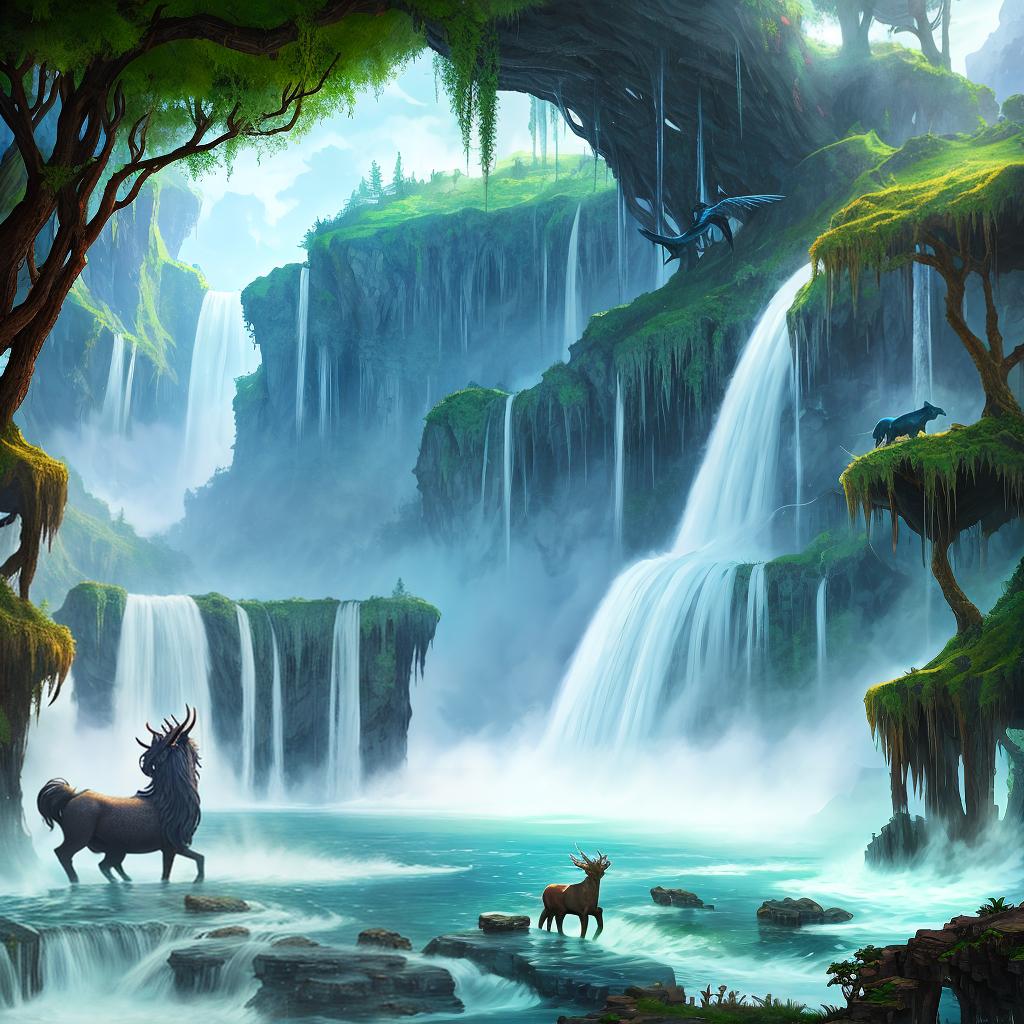  in a fantasy setting, Paint a surreal landscape where mythical beasts roam amidst cascading waterfalls.