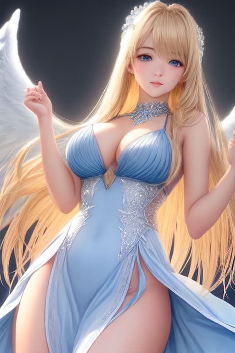  blond hair,blues eyes, 1, , (photo realistic body shot)+, (centered in frame)+, symmetrical face, cute, highly detail eyes, highly detailed face, (both eyes are the same)+, ideal huma, f8, photography, ultra details, Global illumination, soft light, dream light, color photo, neckline,  dress, ((angel))+++, angel wings, , fantasy world, blond hair