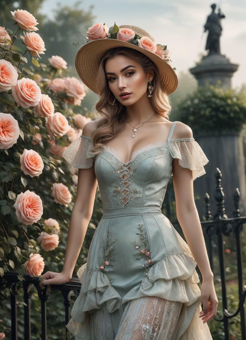  grunge style Delicate English watercolour in pastel tones, on the background of English garden flowers powder roses in dew, among roses stands a lovely in a straw hat decorated with flowers and in a lush dress with lace, openwork wrought iron fence, octane, dew glistens and shimmers in the sun lumen, in the distance marble statue, aesthetic flowers,art botanical, organic biological,realistic . textured, distressed, vintage, edgy, punk rock vibe, dirty, noisy hyperrealistic, full body, detailed clothing, highly detailed, cinematic lighting, stunningly beautiful, intricate, sharp focus, f/1. 8, 85mm, (centered image composition), (professionally color graded), ((bright soft diffused light)), volumetric fog, trending on instagram, trending on tumblr, HDR 4K, 8K