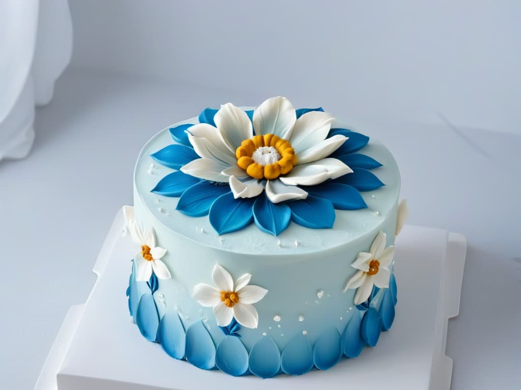  A closeup, ultradetailed image of a delicate, intricately designed sugar flower resting on a pristine white fondant cake. The flower features layers of translucent petals with precise, lifelike details, showcasing the artistry and precision possible in augmented reality pastry decoration. Each petal reflects a soft, ethereal glow, casting a gentle shadow on the immaculate surface below. The composition is simple yet captivating, embodying the seamless fusion of traditional baking techniques with cuttingedge AR technology. hyperrealistic, full body, detailed clothing, highly detailed, cinematic lighting, stunningly beautiful, intricate, sharp focus, f/1. 8, 85mm, (centered image composition), (professionally color graded), ((bright soft diffused light)), volumetric fog, trending on instagram, trending on tumblr, HDR 4K, 8K