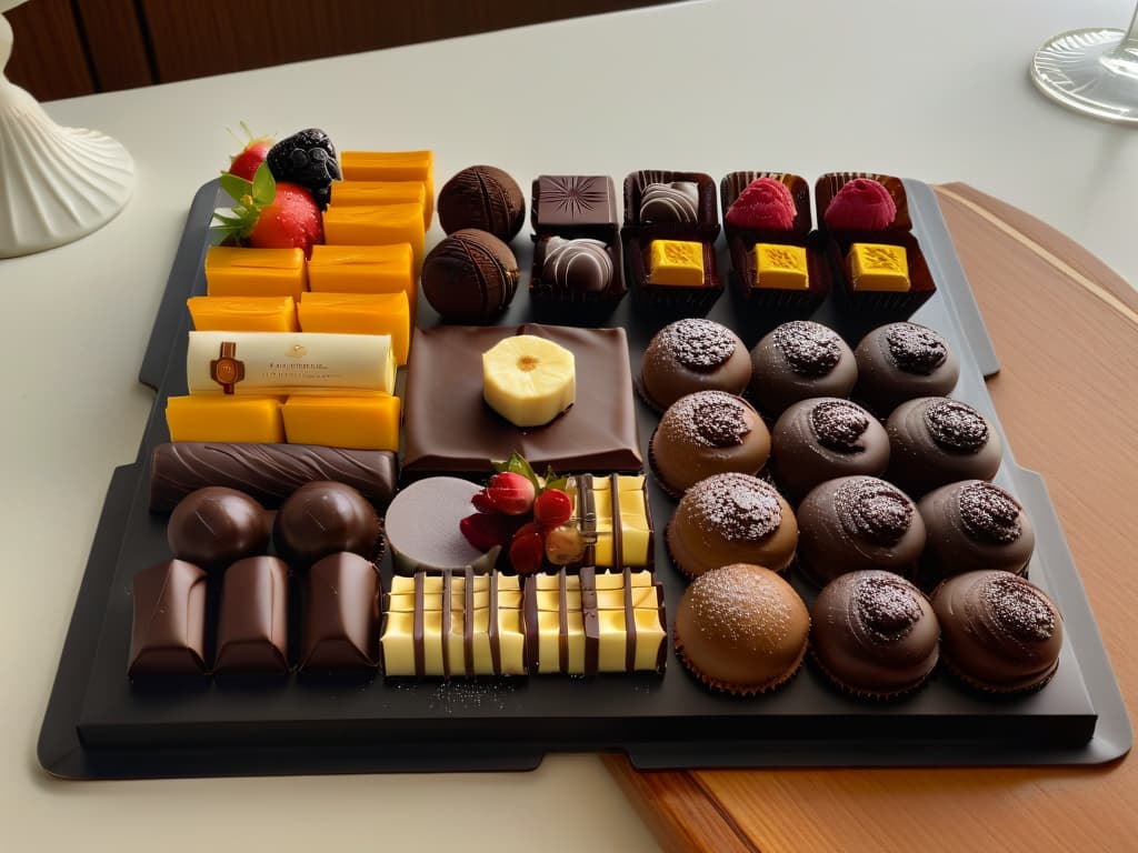  A highresolution, ultradetailed image of a luxurious assortment of Belgian chocolates elegantly displayed on a sleek, modern platter. The chocolates vary in shapes, sizes, and flavors, showcasing the exquisite craftsmanship and artistry of Belgian chocolatiers. Each piece is meticulously decorated with intricate designs and toppings, inviting viewers to indulge in a sensory journey through the world of fine Belgian chocolate. hyperrealistic, full body, detailed clothing, highly detailed, cinematic lighting, stunningly beautiful, intricate, sharp focus, f/1. 8, 85mm, (centered image composition), (professionally color graded), ((bright soft diffused light)), volumetric fog, trending on instagram, trending on tumblr, HDR 4K, 8K