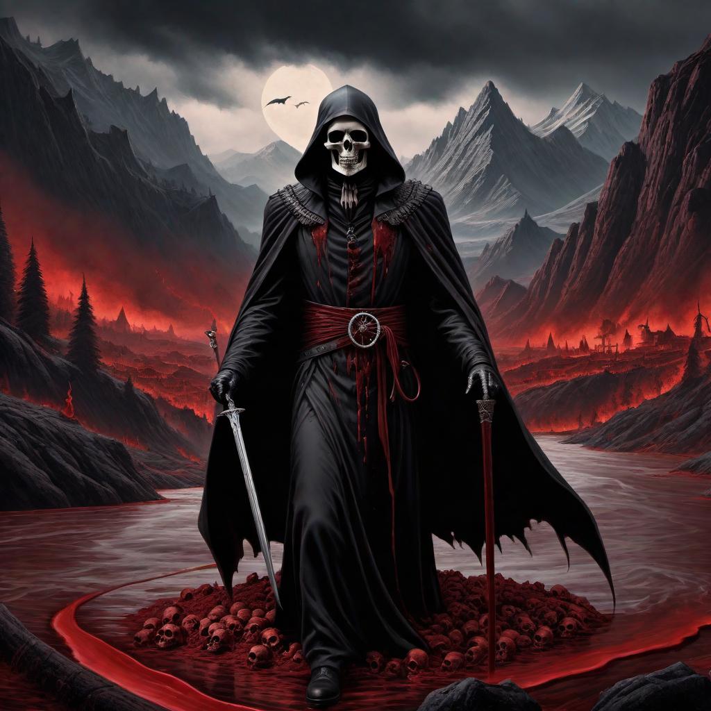  A penny featuring a macabre design with a river of blood, mountains made entirely of skulls, and the Grim Reaper holding his sickle. The overall scene should appear dark, eerie, and foreboding, encapsulating a sinister and gothic fantasy aesthetic. hyperrealistic, full body, detailed clothing, highly detailed, cinematic lighting, stunningly beautiful, intricate, sharp focus, f/1. 8, 85mm, (centered image composition), (professionally color graded), ((bright soft diffused light)), volumetric fog, trending on instagram, trending on tumblr, HDR 4K, 8K