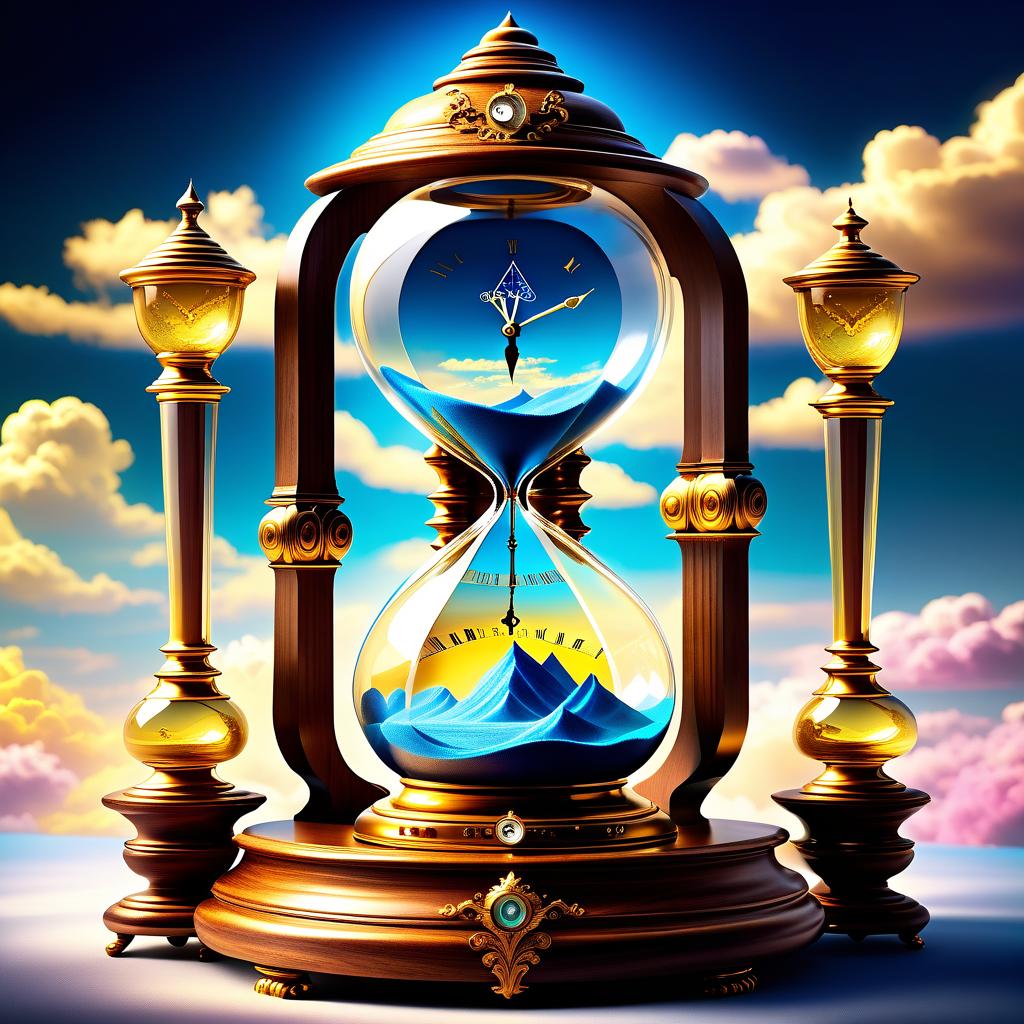  ethereal fantasy concept art of (Fancy hourglass). clock design: wooden carved case lacquered. Bowls of transparent glass. Inside the top bowl of the clock the rising sun is displayed. Around the sun is a blue sky and white, golden pink clouds. (Inside the lower bowl of the clock):A nighttime, dark blue sky with a bright yellow month with a silvery cast. Beneath the sky are mountains covered with blue white snow, shimmering with different colours of the rainbow. Background: gradient: in the lower part of the background the structure of sand. In the upper part of the background perispherical clouds in the blue sky. Style: philosophical romantic fantasy. . magnificent, celestial, ethereal, painterly, epic, majestic, magical, fantasy art, cov hyperrealistic, full body, detailed clothing, highly detailed, cinematic lighting, stunningly beautiful, intricate, sharp focus, f/1. 8, 85mm, (centered image composition), (professionally color graded), ((bright soft diffused light)), volumetric fog, trending on instagram, trending on tumblr, HDR 4K, 8K