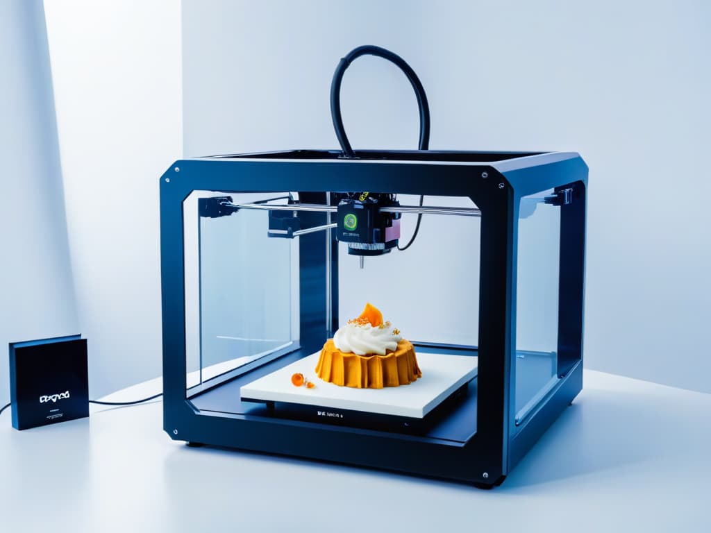  A minimalistic, ultradetailed 8k image of a sleek, futuristic 3D printer crafting a delicate and intricate dessert design using artificial intelligence algorithms, set against a clean, white backdrop to emphasize the precision and innovation of AI in 3D pastry creation. hyperrealistic, full body, detailed clothing, highly detailed, cinematic lighting, stunningly beautiful, intricate, sharp focus, f/1. 8, 85mm, (centered image composition), (professionally color graded), ((bright soft diffused light)), volumetric fog, trending on instagram, trending on tumblr, HDR 4K, 8K