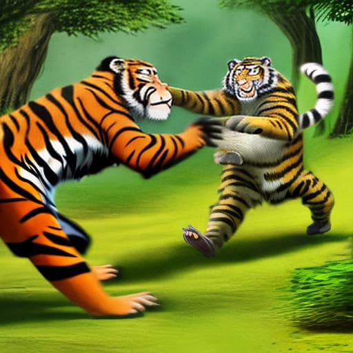  Generate a picture of monkeys and tigers fighting in the forest
，