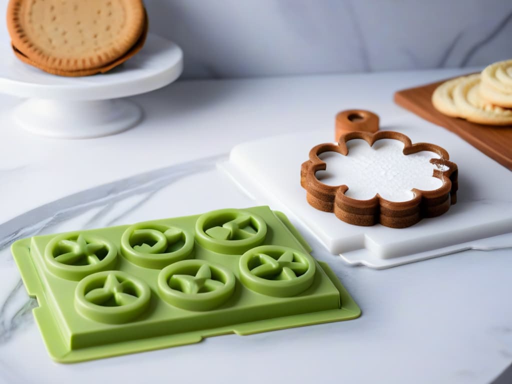  An ultradetailed closeup image of a pristine, gleaming cookie cutter set arranged neatly on a clean, white marble countertop. The cookie cutters come in various shapes and sizes, reflecting light to showcase their intricate designs. Each cutter is meticulously polished, highlighting the fine details and smooth edges, evoking a sense of precision and care in maintaining baking tools. The composition is simple yet elegant, emphasizing the beauty and craftsmanship of the cookie cutters in a minimalist style. hyperrealistic, full body, detailed clothing, highly detailed, cinematic lighting, stunningly beautiful, intricate, sharp focus, f/1. 8, 85mm, (centered image composition), (professionally color graded), ((bright soft diffused light)), volumetric fog, trending on instagram, trending on tumblr, HDR 4K, 8K