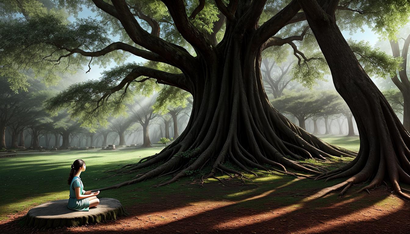  digital illustration, A figure meditating under a large, ancient tree, roots visible above ground, sunlight filtering through leaves, serene environment, air of tranquility and self reflection, looking at viewer, dynamic pose, (intricate details, masterpiece, best quality)