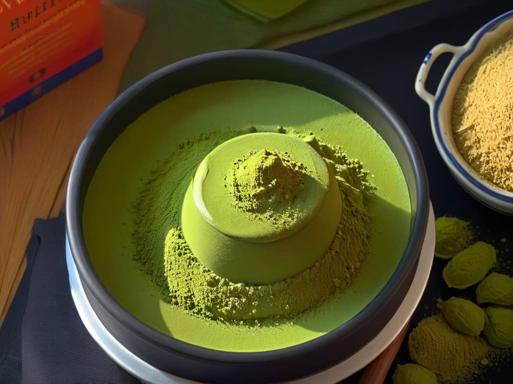  A closeup, ultradetailed image of a vibrant green matcha powder being sifted through a fine mesh sieve, with a soft natural light casting intricate shadows on the powder particles and the sieve itself. The focus is on the texture and vivid color of the matcha, highlighting its fine quality and the meticulous process of preparation for a delicious and antioxidantrich dessert creation. hyperrealistic, full body, detailed clothing, highly detailed, cinematic lighting, stunningly beautiful, intricate, sharp focus, f/1. 8, 85mm, (centered image composition), (professionally color graded), ((bright soft diffused light)), volumetric fog, trending on instagram, trending on tumblr, HDR 4K, 8K