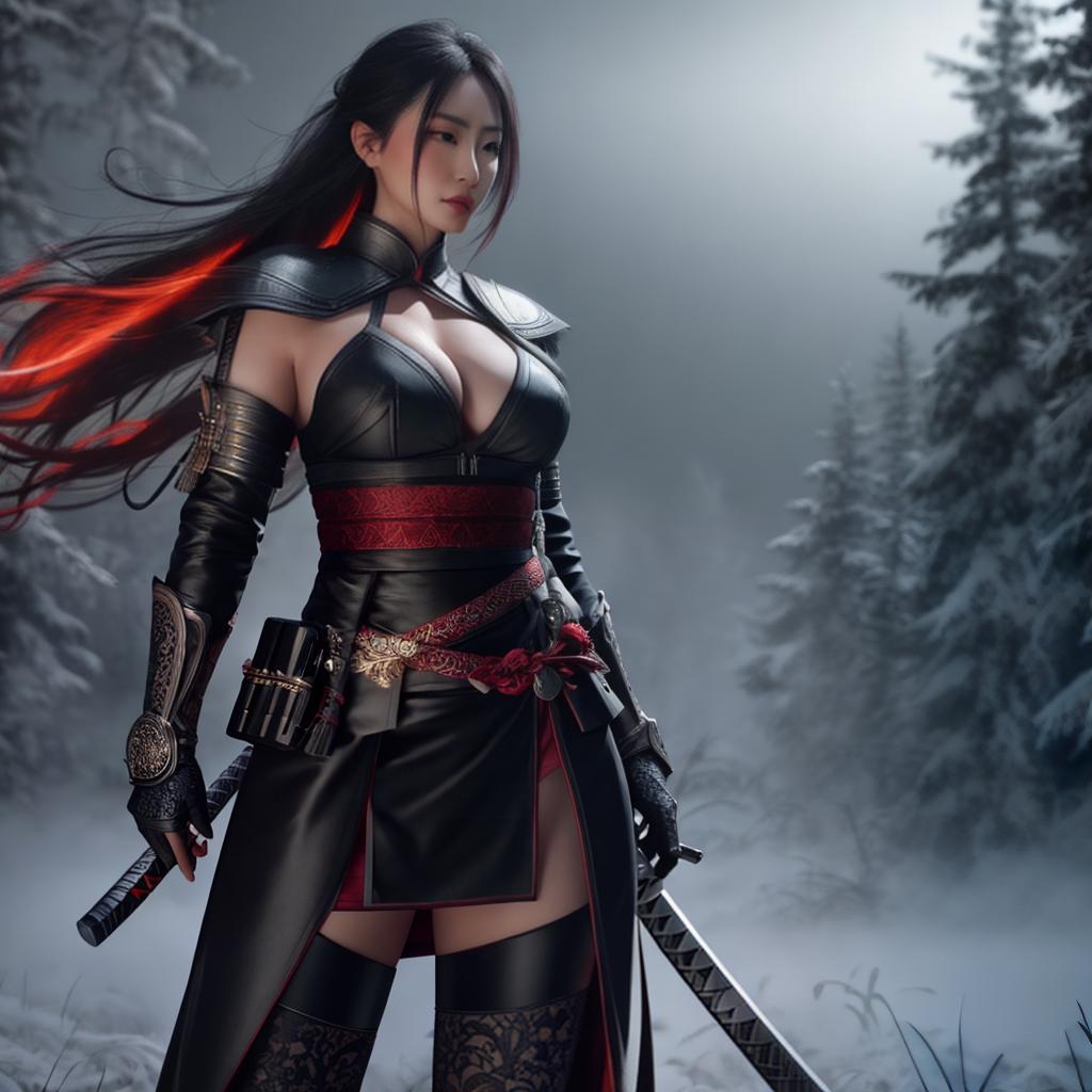  katana hyperrealistic, full body, detailed clothing, highly detailed, cinematic lighting, stunningly beautiful, intricate, sharp focus, f/1. 8, 85mm, (centered image composition), (professionally color graded), ((bright soft diffused light)), volumetric fog, trending on instagram, trending on tumblr, HDR 4K, 8K