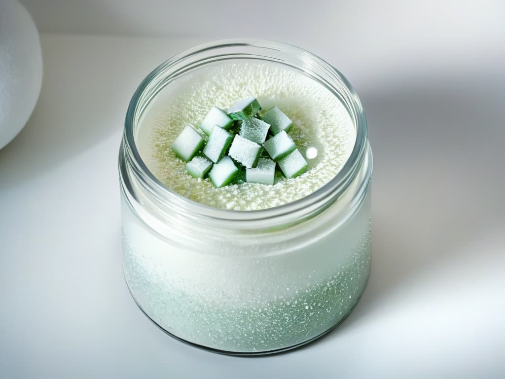  A closeup, ultradetailed image of a small heap of birch sugar (azúcar de abedul) crystals in a sleek, modern glass jar. The crystals glisten under soft, natural lighting, showcasing their pristine white color and fine texture. The background is a subtle gradient that fades from soft pastel hues to create a minimalistic and elegant composition. hyperrealistic, full body, detailed clothing, highly detailed, cinematic lighting, stunningly beautiful, intricate, sharp focus, f/1. 8, 85mm, (centered image composition), (professionally color graded), ((bright soft diffused light)), volumetric fog, trending on instagram, trending on tumblr, HDR 4K, 8K