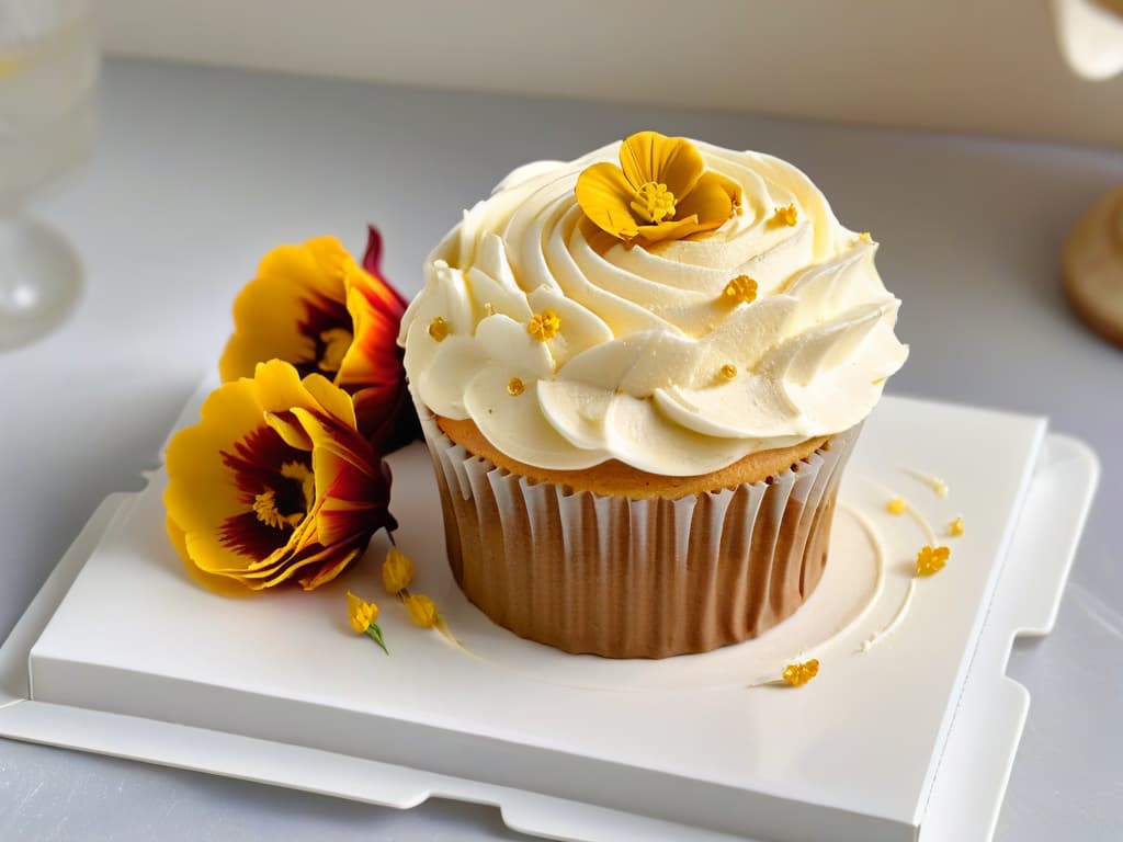  A closeup, ultradetailed image of a perfectly frosted cupcake adorned with delicate edible flowers, meticulously piped swirls of buttercream, and shimmering gold leaf accents. The cupcake sits on a sleek, modern white plate against a soft, blurred background, showcasing the intricate details and artistry involved in inclusive baking workshops. hyperrealistic, full body, detailed clothing, highly detailed, cinematic lighting, stunningly beautiful, intricate, sharp focus, f/1. 8, 85mm, (centered image composition), (professionally color graded), ((bright soft diffused light)), volumetric fog, trending on instagram, trending on tumblr, HDR 4K, 8K