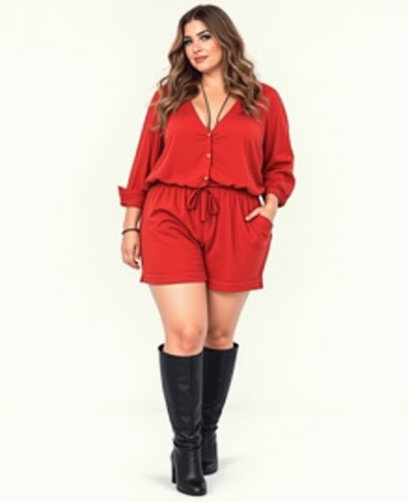  good quality, high quality, color sketch of a mature plus size beautiful woman wearing black knee high boots, red shorts and a red blouse. fine details. ultra fine details. expressive line work, in the style of beautiful full body portraits