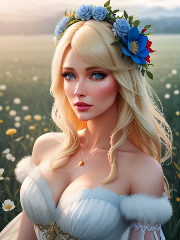  A blond woman with blue eyes and a flower crown on her head stands tall in the field, her dress appears like the tricolor flag of Russia white, blue, red., cute , furry , expressive , by Seth Casteel , Carli Davidson , Rachael Hale McKenna, Kaylee Greer, Sophie Gamand hyperrealistic, full body, detailed clothing, highly detailed, cinematic lighting, stunningly beautiful, intricate, sharp focus, f/1. 8, 85mm, (centered image composition), (professionally color graded), ((bright soft diffused light)), volumetric fog, trending on instagram, trending on tumblr, HDR 4K, 8K