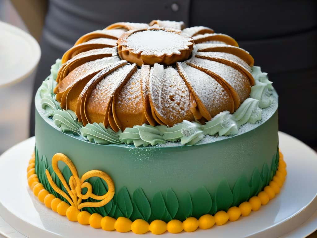  An ultradetailed closeup image of a perfectly shaped, intricately designed, and flawlessly baked cake inside a silicone mold, highlighting the flexibility, nonstick properties, and intricate details that can be achieved with silicone molds compared to traditional metal ones. The cake should be elegantly decorated with vibrant colors and intricate patterns, showcasing the versatility and precision that silicone molds offer in baking. hyperrealistic, full body, detailed clothing, highly detailed, cinematic lighting, stunningly beautiful, intricate, sharp focus, f/1. 8, 85mm, (centered image composition), (professionally color graded), ((bright soft diffused light)), volumetric fog, trending on instagram, trending on tumblr, HDR 4K, 8K