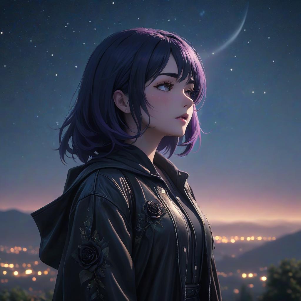  A girl with black rose colored hair stands and cries, looking at the night sky. hyperrealistic, full body, detailed clothing, highly detailed, cinematic lighting, stunningly beautiful, intricate, sharp focus, f/1. 8, 85mm, (centered image composition), (professionally color graded), ((bright soft diffused light)), volumetric fog, trending on instagram, trending on tumblr, HDR 4K, 8K