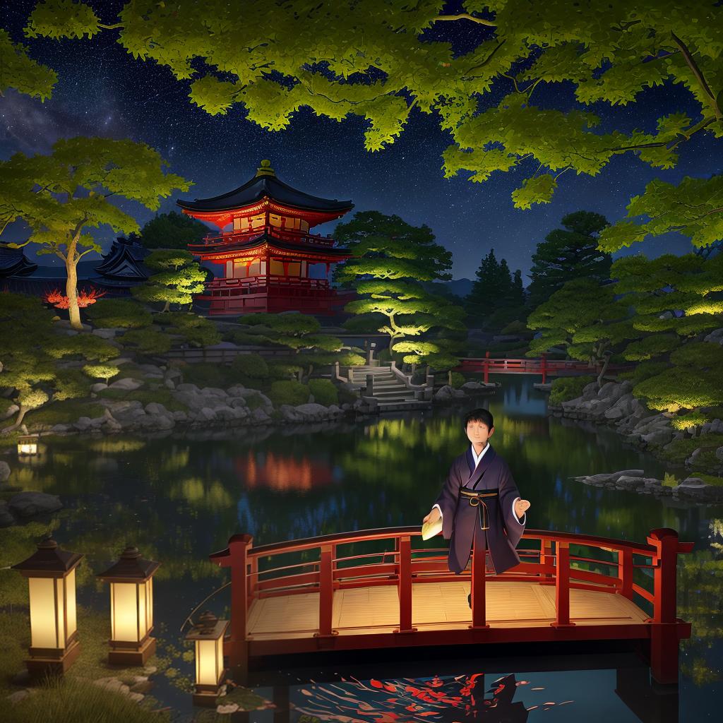  masterpiece, best quality,(fidelity: 1.4), best quality, masterpiece, ultra high resolution, 8k resolution, night view inspired by Japanese art, featuring a garden illuminated by paper lanterns and a wooden bridge spanning a tranquil lake with a small Zen temple by the lake. The water reflects the stars.