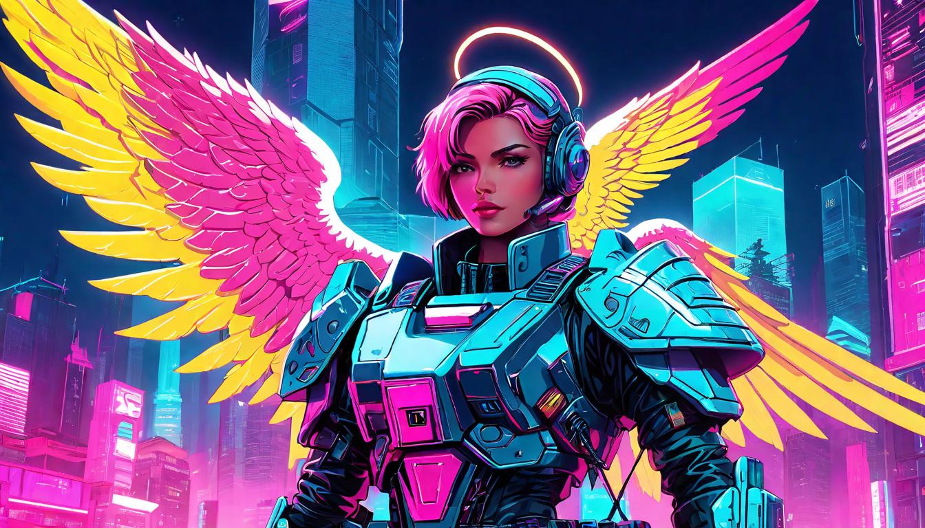  vaporwave,cyberpunk game style guardian angel, protective presence, celestial reverence, gentle strength, fortified stance, ethereal light, vigilant watcheon, dystopian, futuristic, digital, vibrant, detailed, high contrast, reminiscent of cyberpunk genre video games,retro aesthetic, cyberpunk, vibrant, neon colors, vintage 80s and 90s style, highly detailed